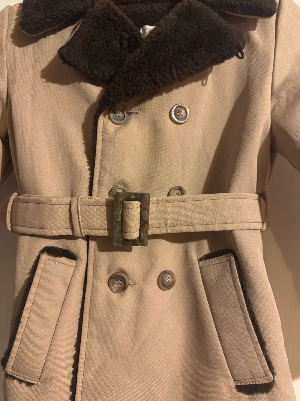 Vintage 1970s Sears Kids Storm Coat Belted Trench Faux Fur Collar Size 7